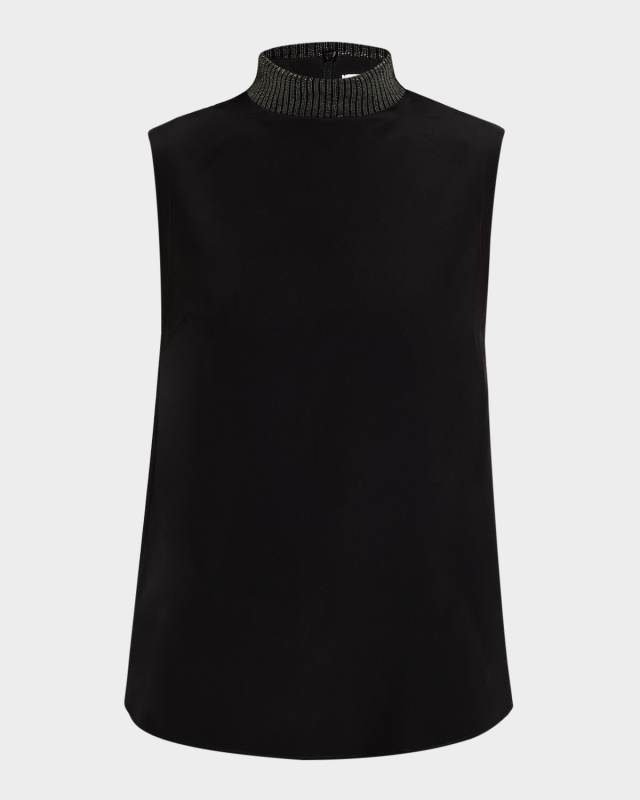 Monili Rib Collar Sleeveless Silk Blous